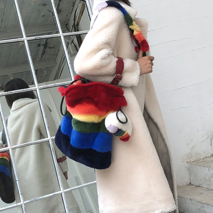彩虹獭兔皮草包手提包斜挎包包女2024新款 百搭大容量毛毛包包 时尚