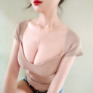 纯欲低胸深V针织衫短款上衣女小个子气质性感露脐锁骨t恤短袖显瘦