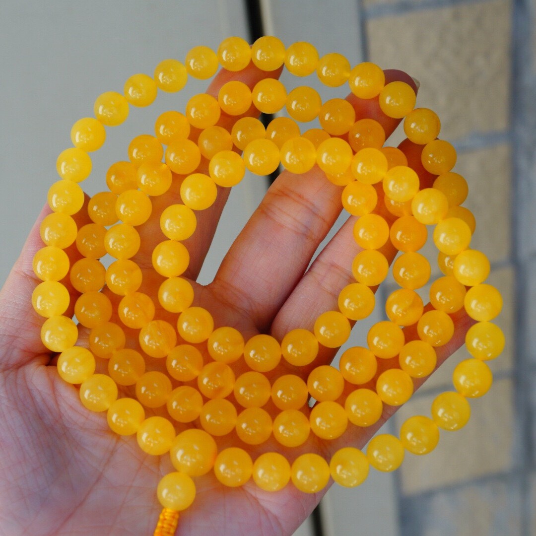正品天然俄料蜜蜡精品焦皮料满蜡鸡油黄108佛珠文玩收藏珠宝饰品