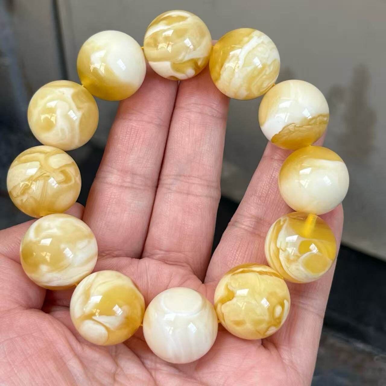 正品天然俄料精品金白妖花蜜蜡20mm圆珠男款手串文玩收藏珠宝饰品