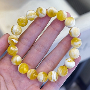 正品 手链文玩收藏珠宝饰品 天然俄料精品金白花蜜蜡10mm圆珠女款