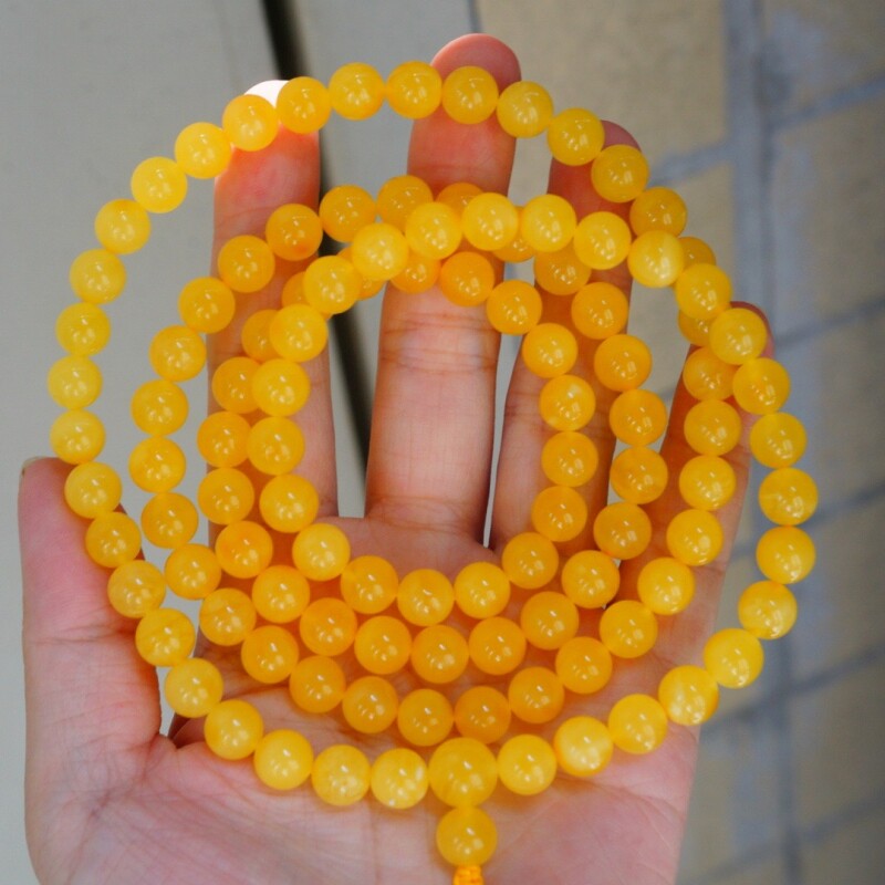 正品天然俄料精品焦皮料鸡油黄蜜蜡8mm108颗佛珠手串文玩珠宝饰品