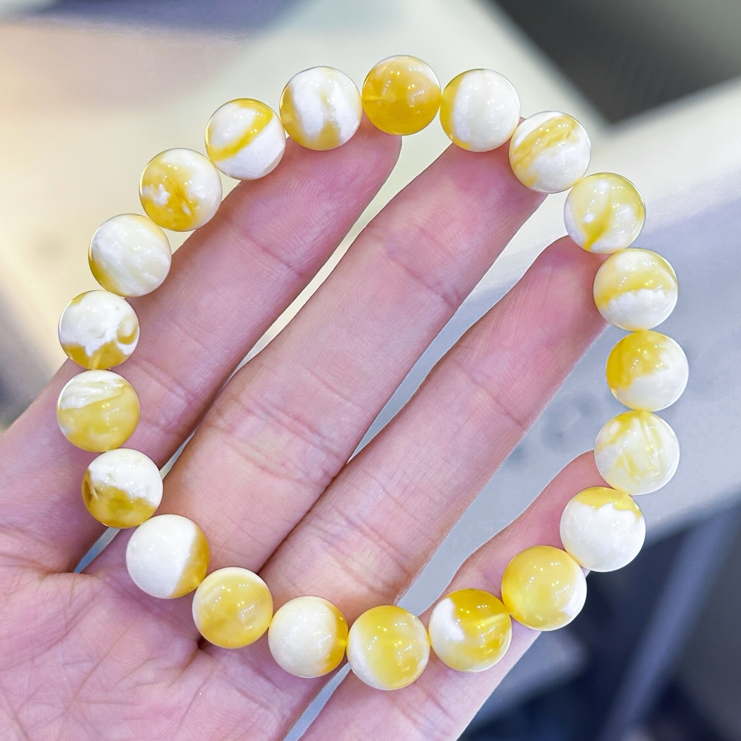 正品天然俄料精品金白妖花溶洞蜜蜡9mm圆珠手链文玩时尚珠宝饰品