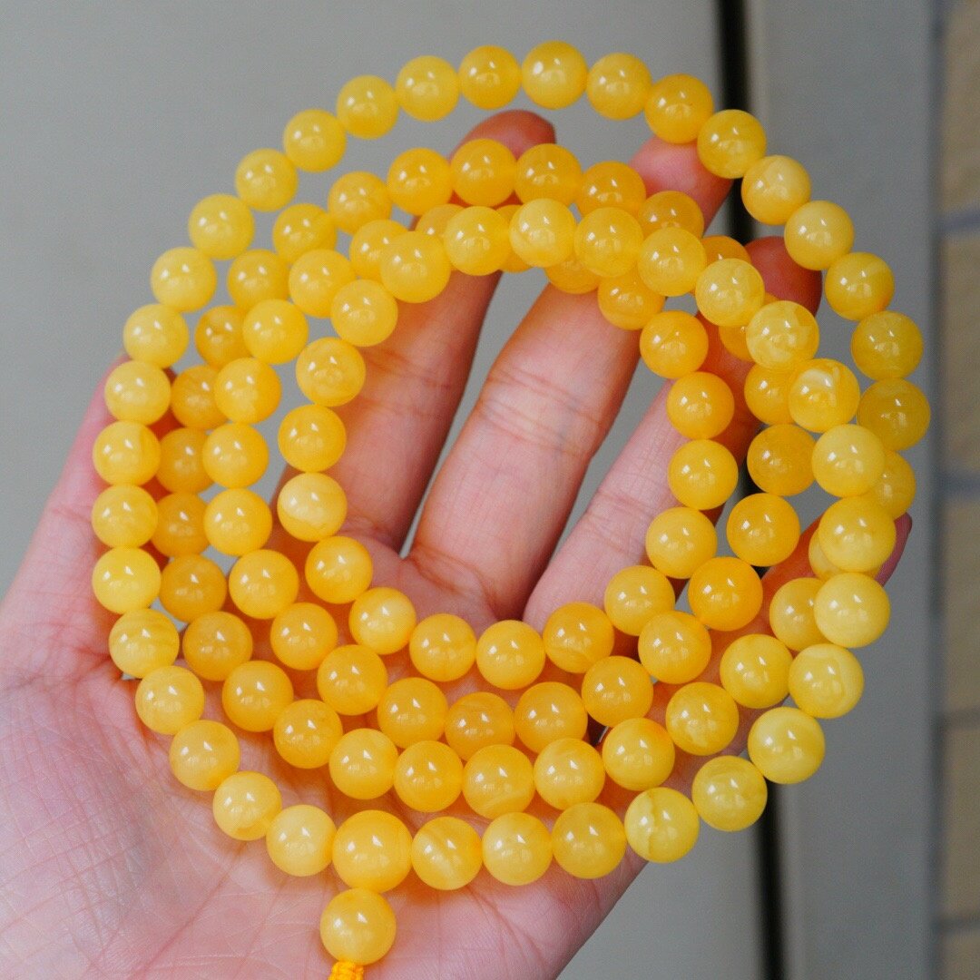 正品天然俄料蜜蜡精品焦皮料满蜡鸡油黄108颗9mm佛珠手串珠宝饰品