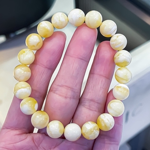 正品 文玩百搭珠宝饰品 天然俄料高品质白花蜡蜜蜡9mm圆珠手链女款