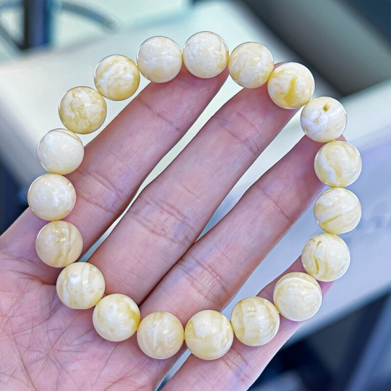 正品天然俄料原矿妖花白蜡蜜蜡10mm圆珠手链女款单圈文玩珠宝饰品