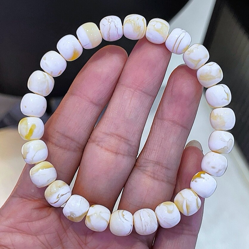 正品天然俄料精品橘金瓷白蜡蜜蜡8.5mm老型手链文玩收藏珠宝饰品