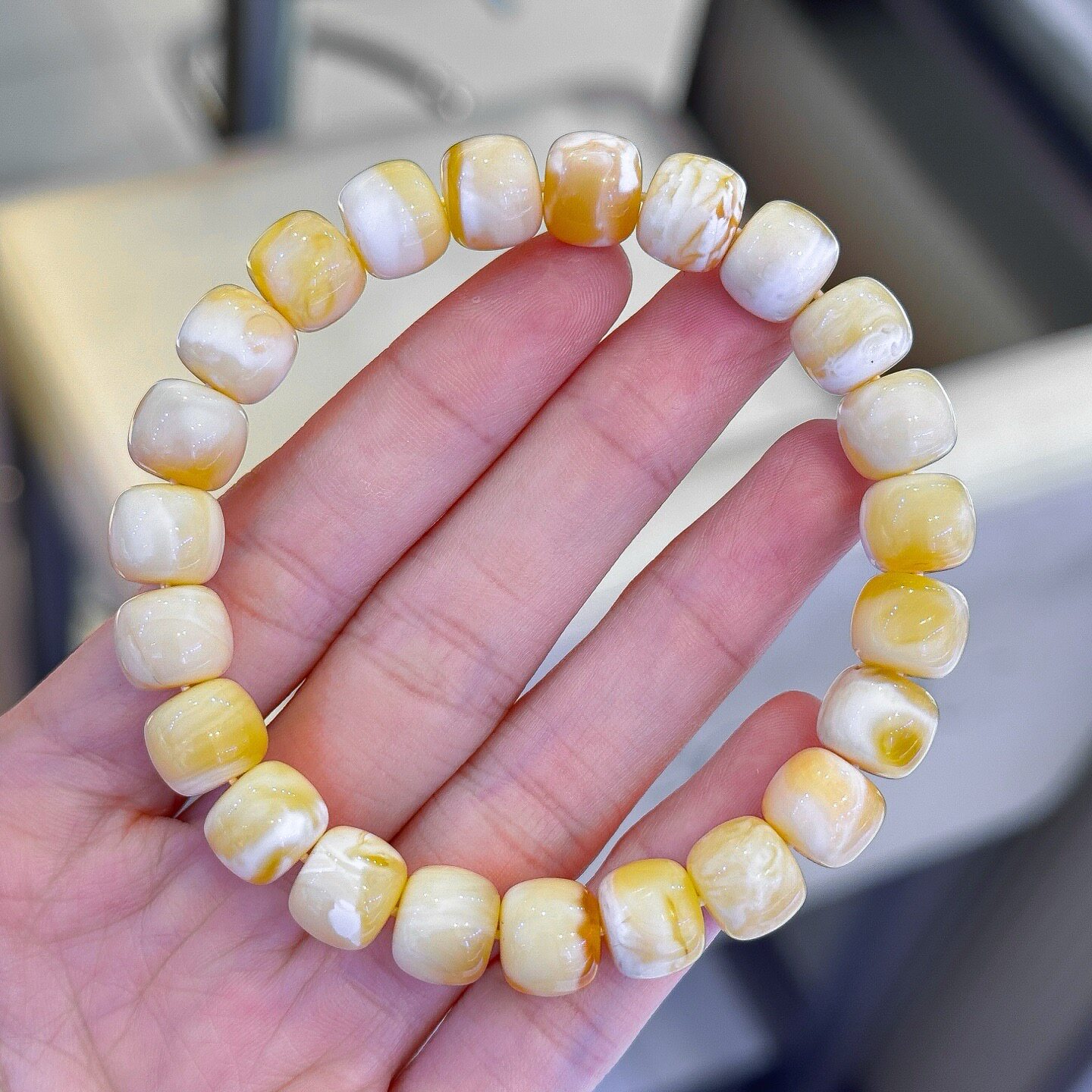 正品天然俄料精品金瓷白蜜蜡9.8mm老型手链文玩百搭孤品珠宝饰品