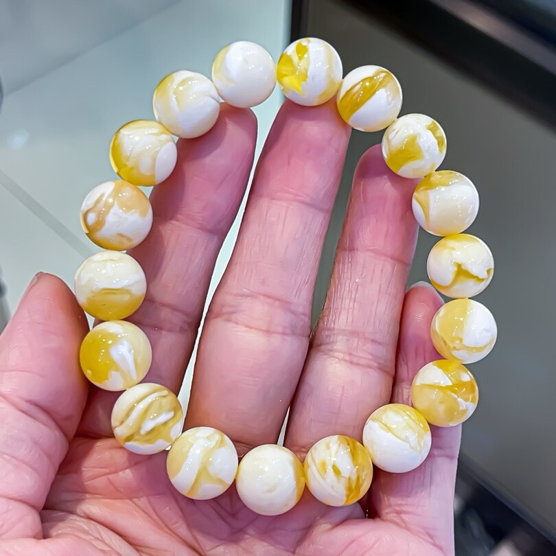 正品天然俄料高品质金瓷白妖花蜜蜡11mm圆珠手串文玩收藏珠宝饰品