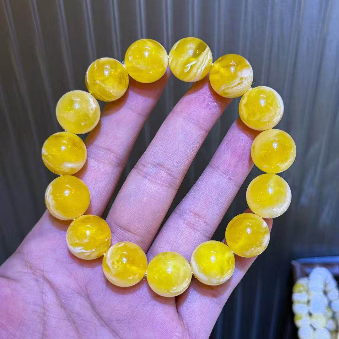 正品天然俄料精品溶洞溏心蜜蜡15mm圆珠男款手串文玩收藏珠宝饰品