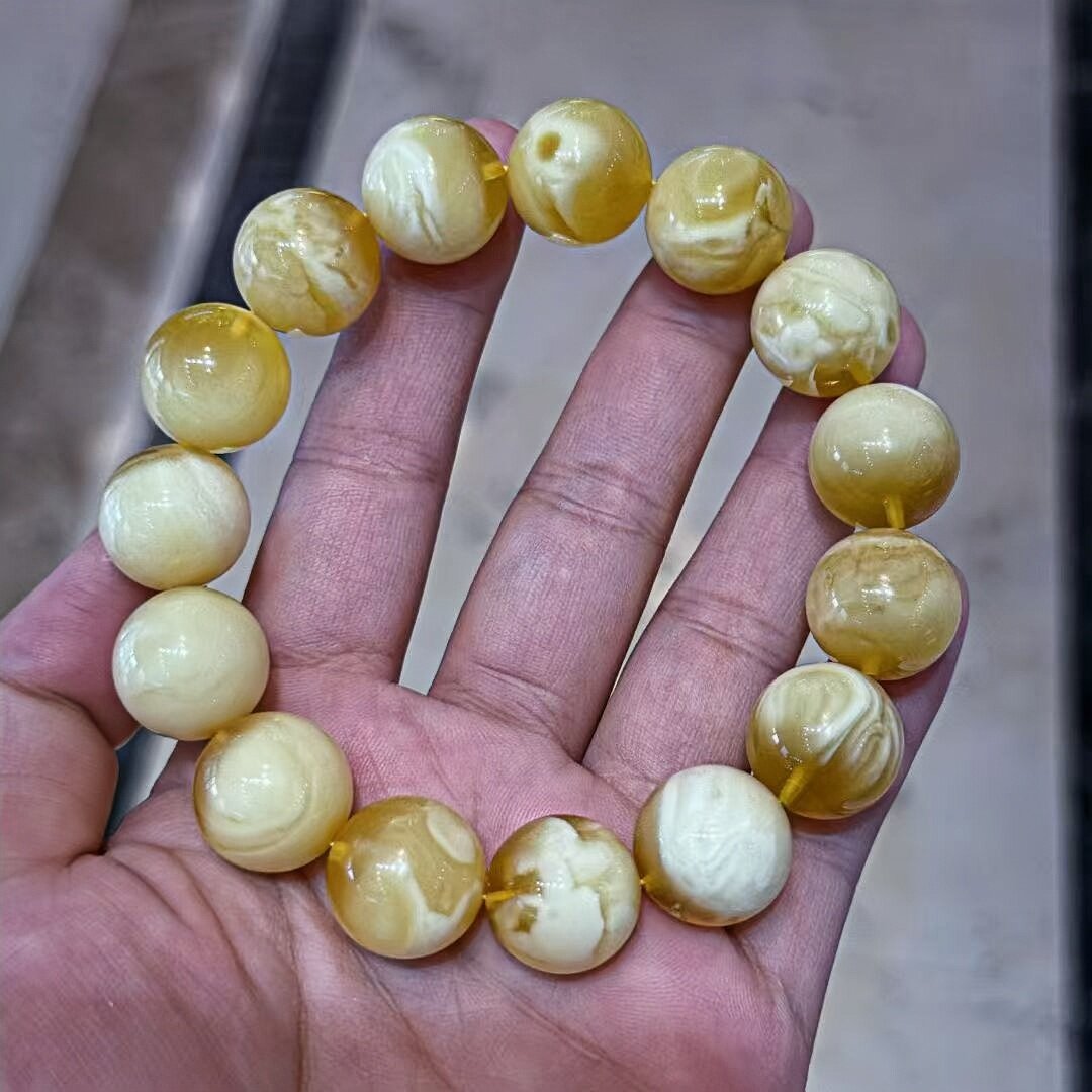 正品天然俄料高品质金白蜜蜡16mm圆珠手串男款文玩收藏珠宝饰品