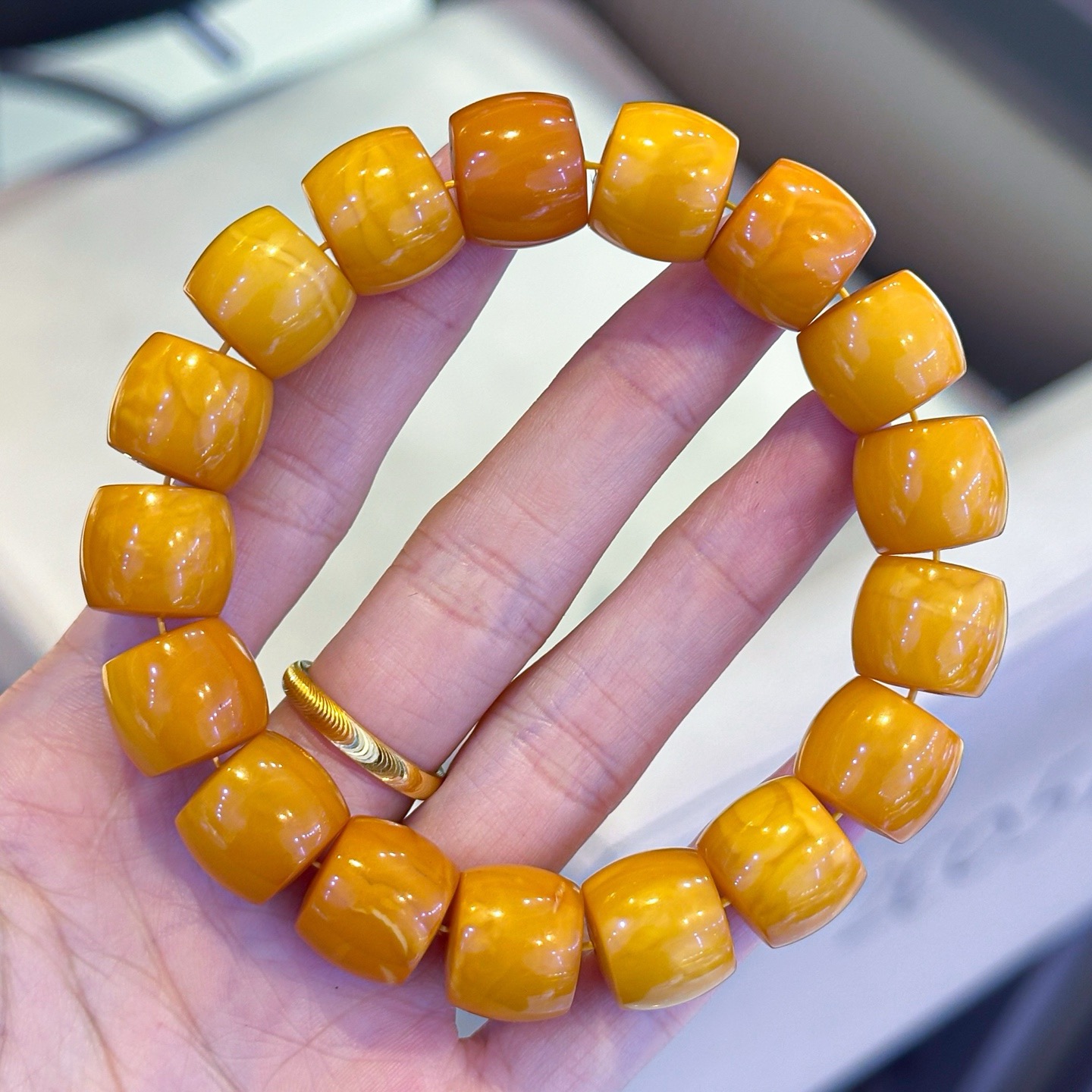 正品天然俄料高品质老花蜡蜜蜡14.2mm直切手串文玩潮流珠宝饰品