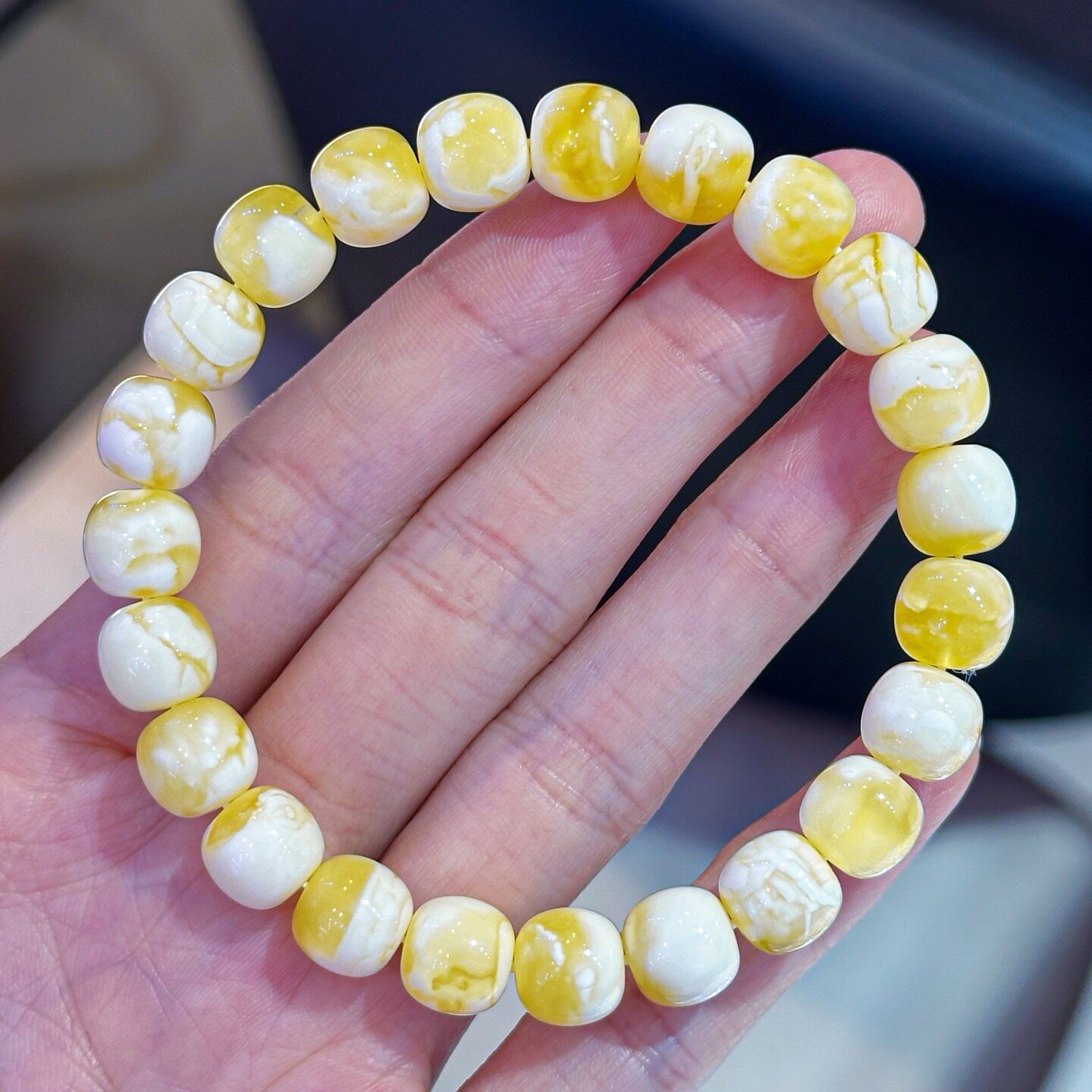 正品天然俄料精品金瓷白溶洞妖花蜜蜡9mm老型手链文玩珠宝饰品