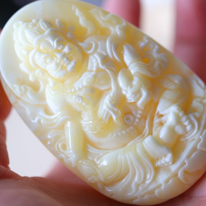 正品天然俄料蜜蜡高品质白花蜡 黄财神吊坠挂件文玩收藏珠宝饰品