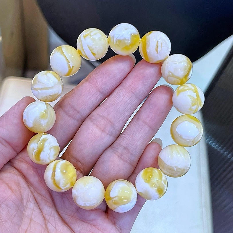 正品天然俄料精美金瓷白溶洞妖花蜜蜡15mm圆珠手串文玩珠宝饰品