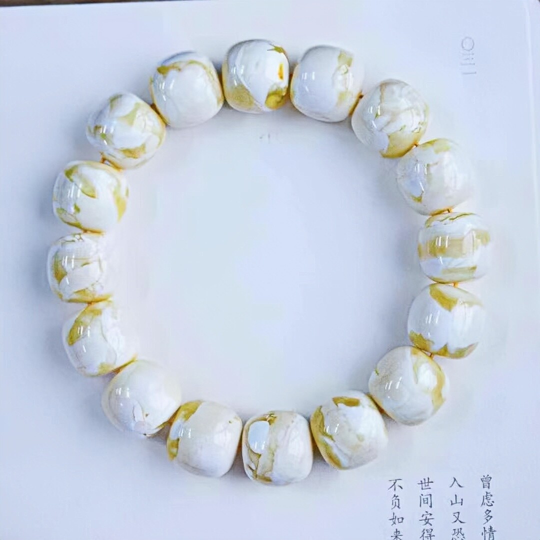 正品天然俄料蜜蜡精品瓷白花蜡14mm老型男女款手链文玩珠宝饰品