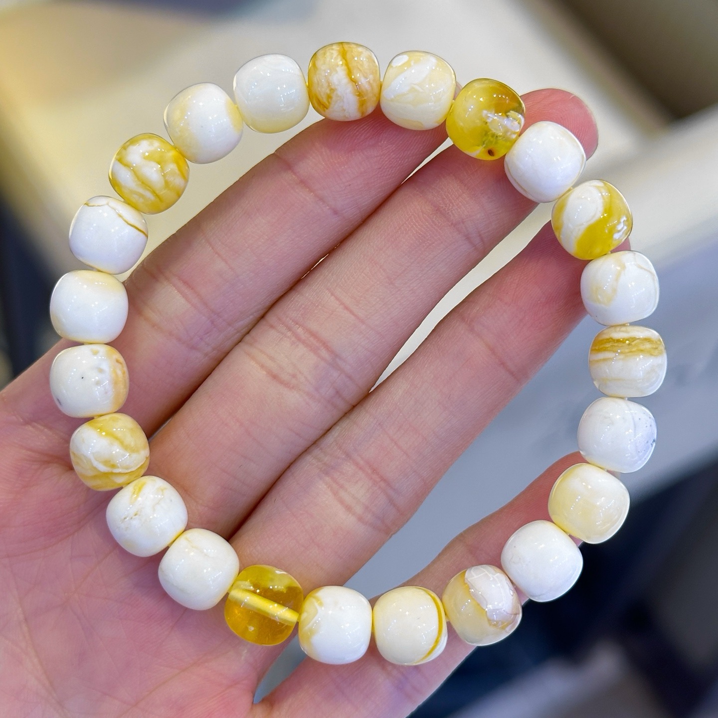 正品天然俄料精品金白妖花蜜蜡9mm高桩老型手链文玩轻奢珠宝饰品