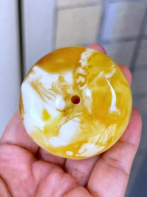 正品天然琥珀俄料蜜蜡金瓷白溶洞妖花蜡平安扣挂件收藏珠宝饰品