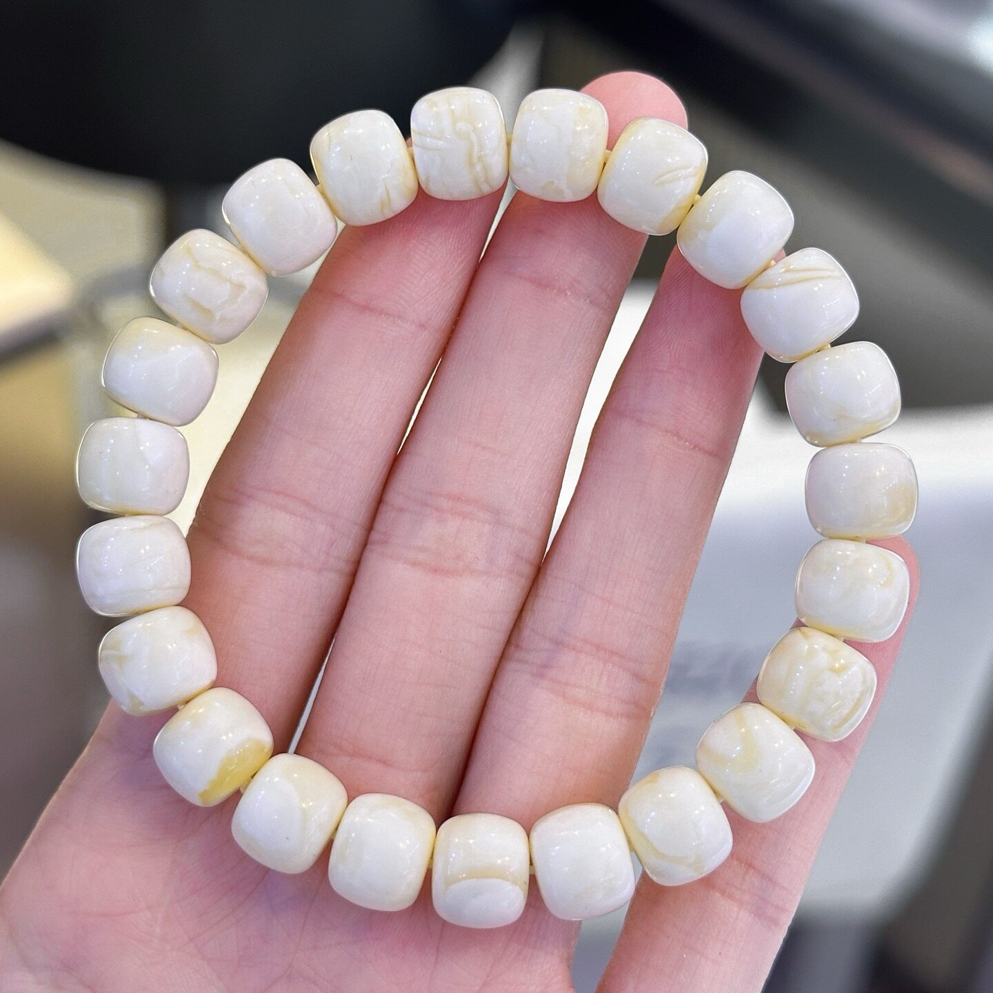 正品天然俄料高品质瓷白花蜡蜜蜡9.8mm老型手链文玩收藏珠宝饰品