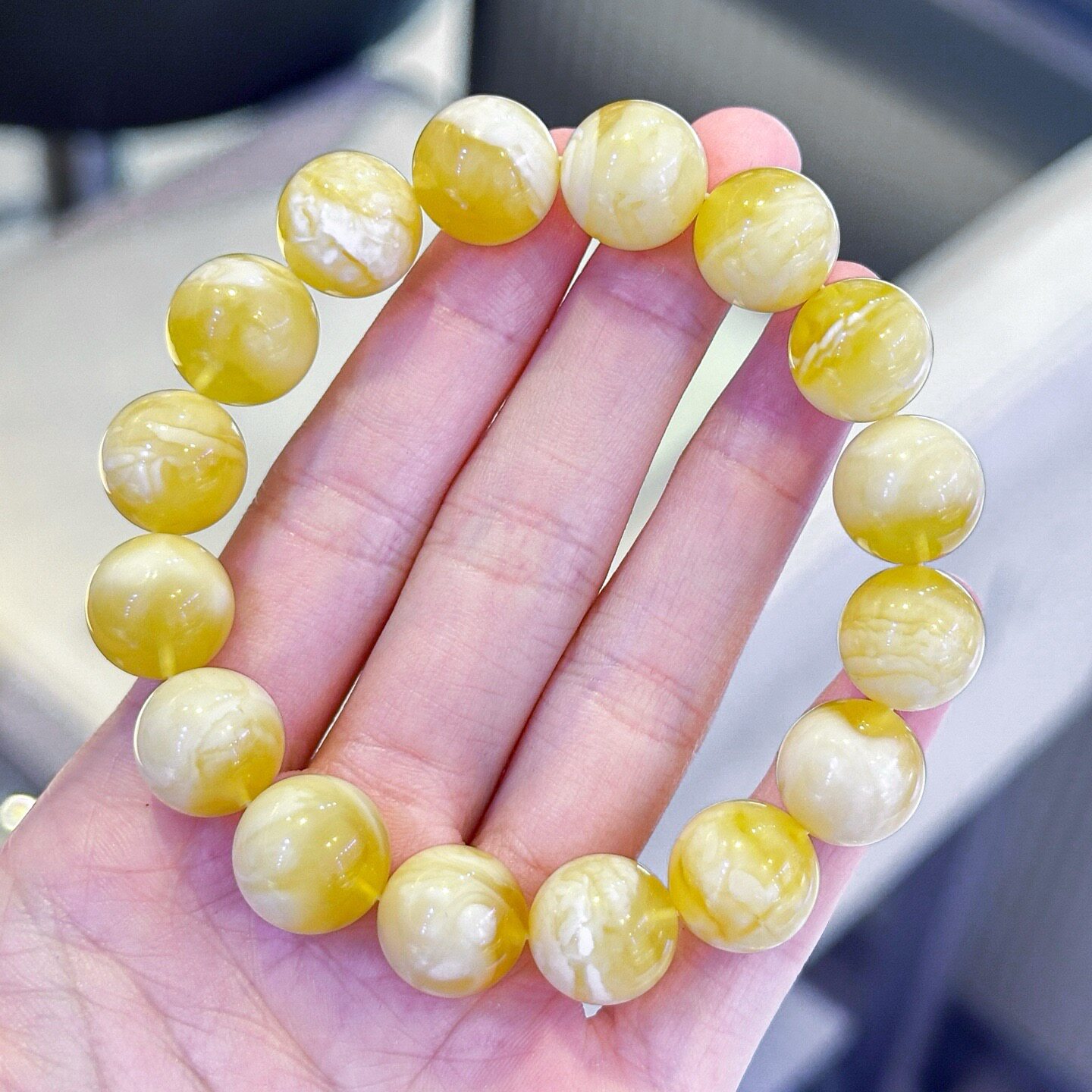 正品天然俄料高品质金白妖花蜜蜡13mm圆珠手串文玩百搭珠宝饰品