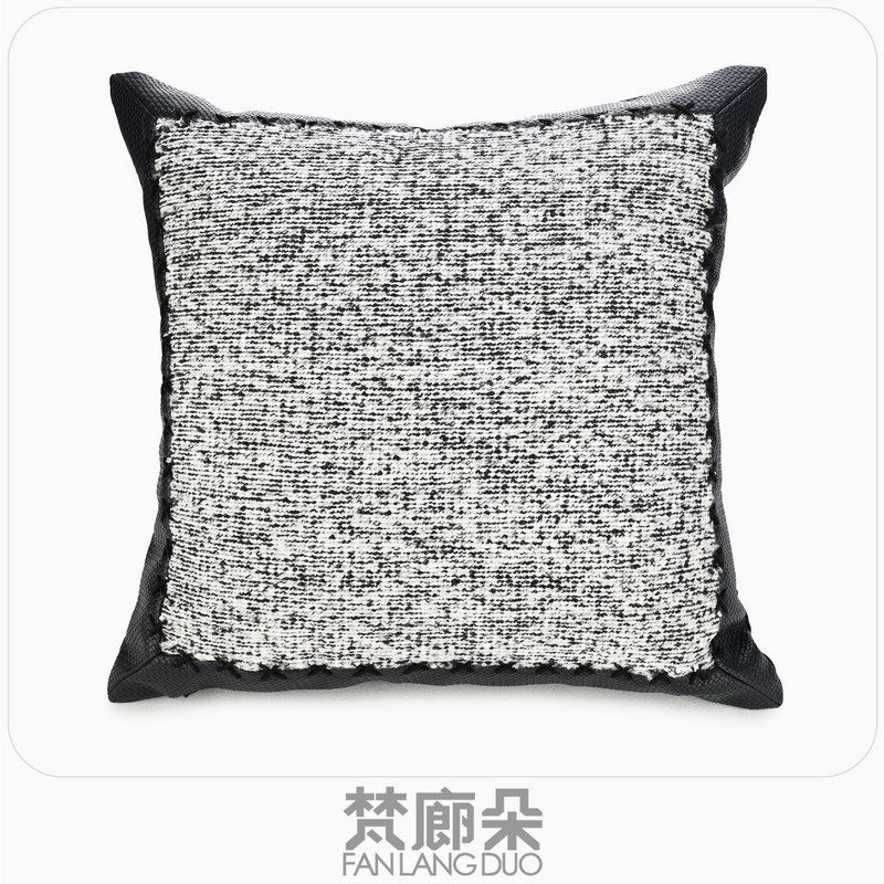 梵廊朵靠垫样板房间家居软装现代简约轻奢黑色拼皮沙发床头抱枕