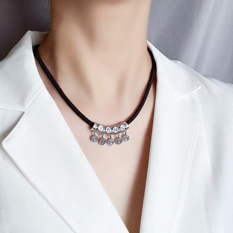 s925纯银手工编织铜钱女银饰项链