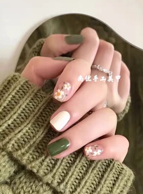 ins春夏学生成品甲片绿色小花美甲显白简约手工假指甲贴片穿戴甲