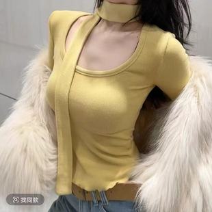 时尚纯欲风U领飘带长袖打底衫女修身显瘦百搭设计感小众T恤上衣潮