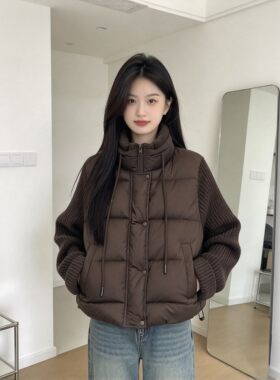 网红假两件棉服女针织拼接袖子短款立领百搭显瘦小个子加厚款外套