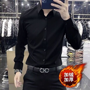潮流百搭黑色衬衣加厚男士 秋冬季 宽松新款 男长袖 休闲上衣 加绒衬衫