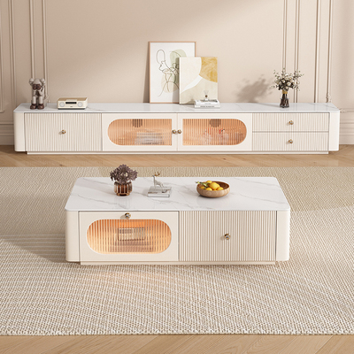 奶油风岩板茶几客厅2025新款轻奢高级感小户型家用实木电视柜组合