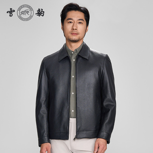 雪豹真皮皮衣男头层鹿皮商务休闲时尚 轻奢体制内翻领行政夹克外套