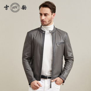 雪豹真皮皮衣男头层绵羊皮时尚 潮流机车休闲弹力皮立领短夹克外套