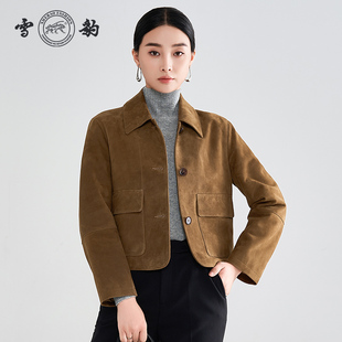 雪豹女士真皮头层绵羊皮休闲商务体制内简约短款翻领反绒皮夹克