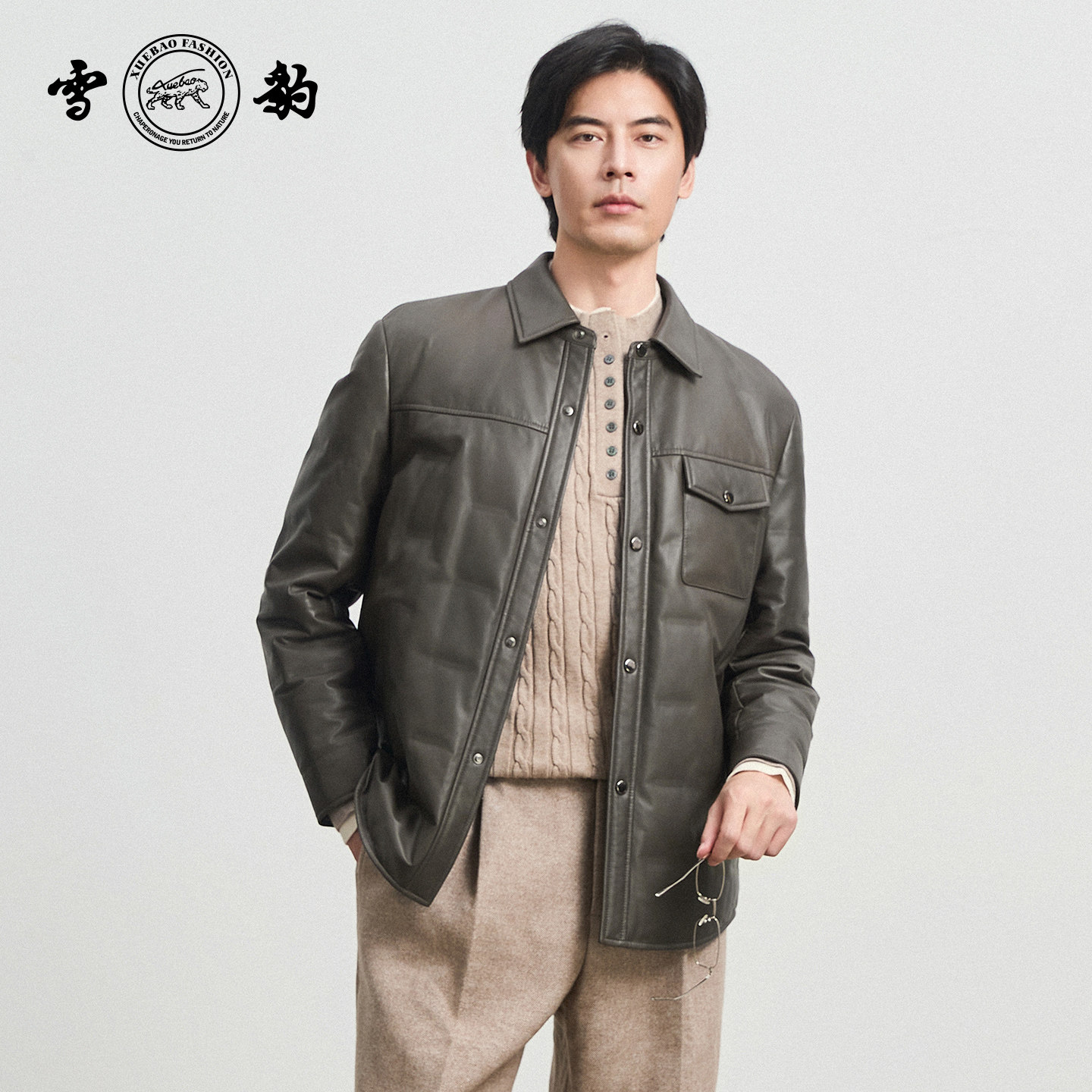 专柜同款新品25冬季头层绵羊皮潮流时尚真皮男雪豹衬衫式皮羽绒服