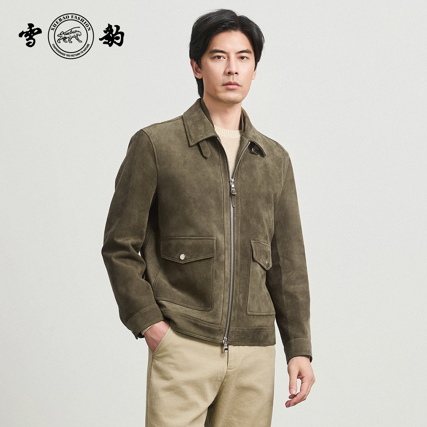 专柜同款新品25秋冬头层绵羊皮潮流时尚真皮男雪豹反绒翻领皮夹克