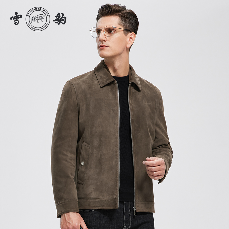 雪豹翻领男士真皮皮衣