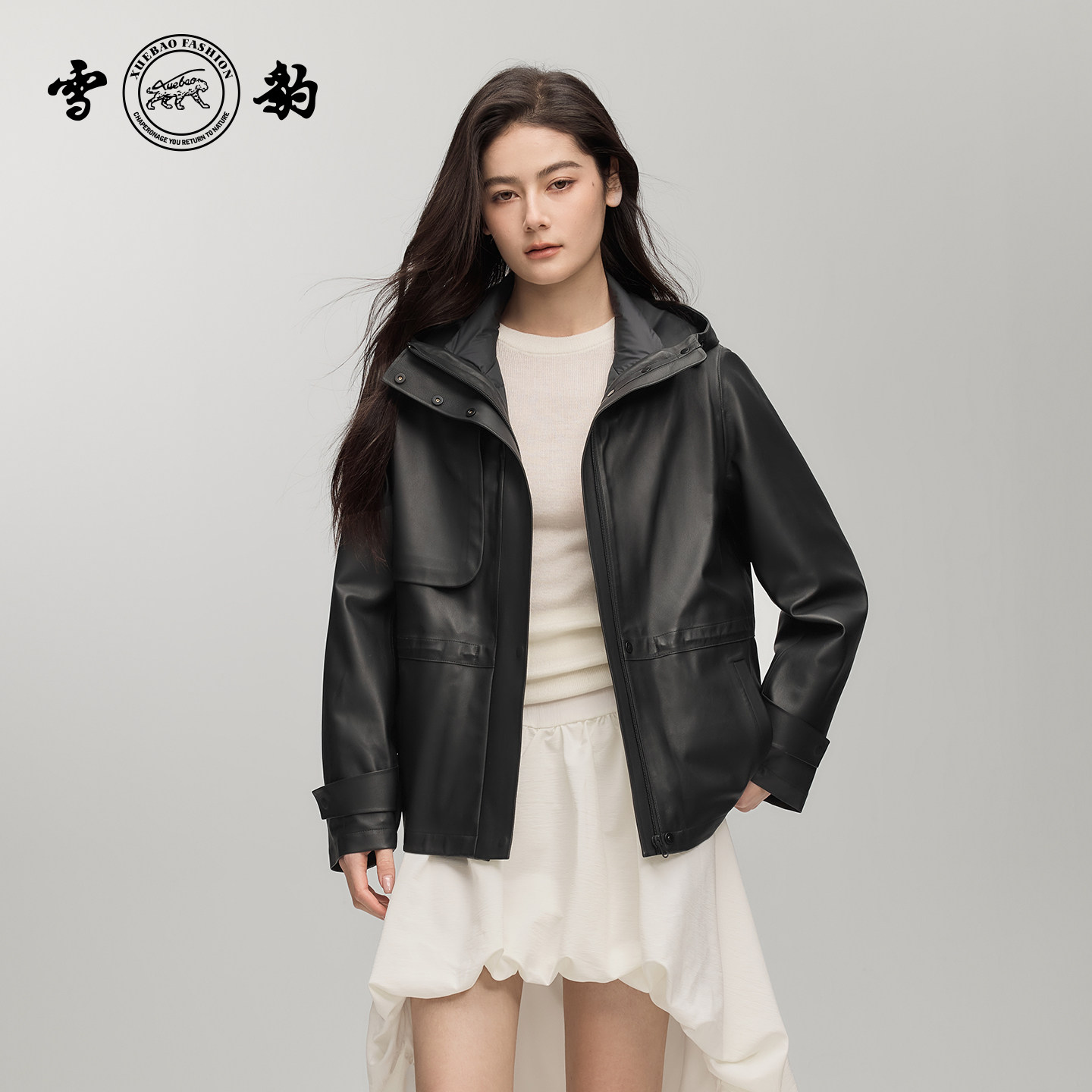 雪豹【可拆卸羽绒内胆】绵羊皮户外新款真皮皮衣外套女连帽皮夹克,女装/女士精品,皮衣,淘宝优惠券,粉丝福利购,淘宝优惠卷