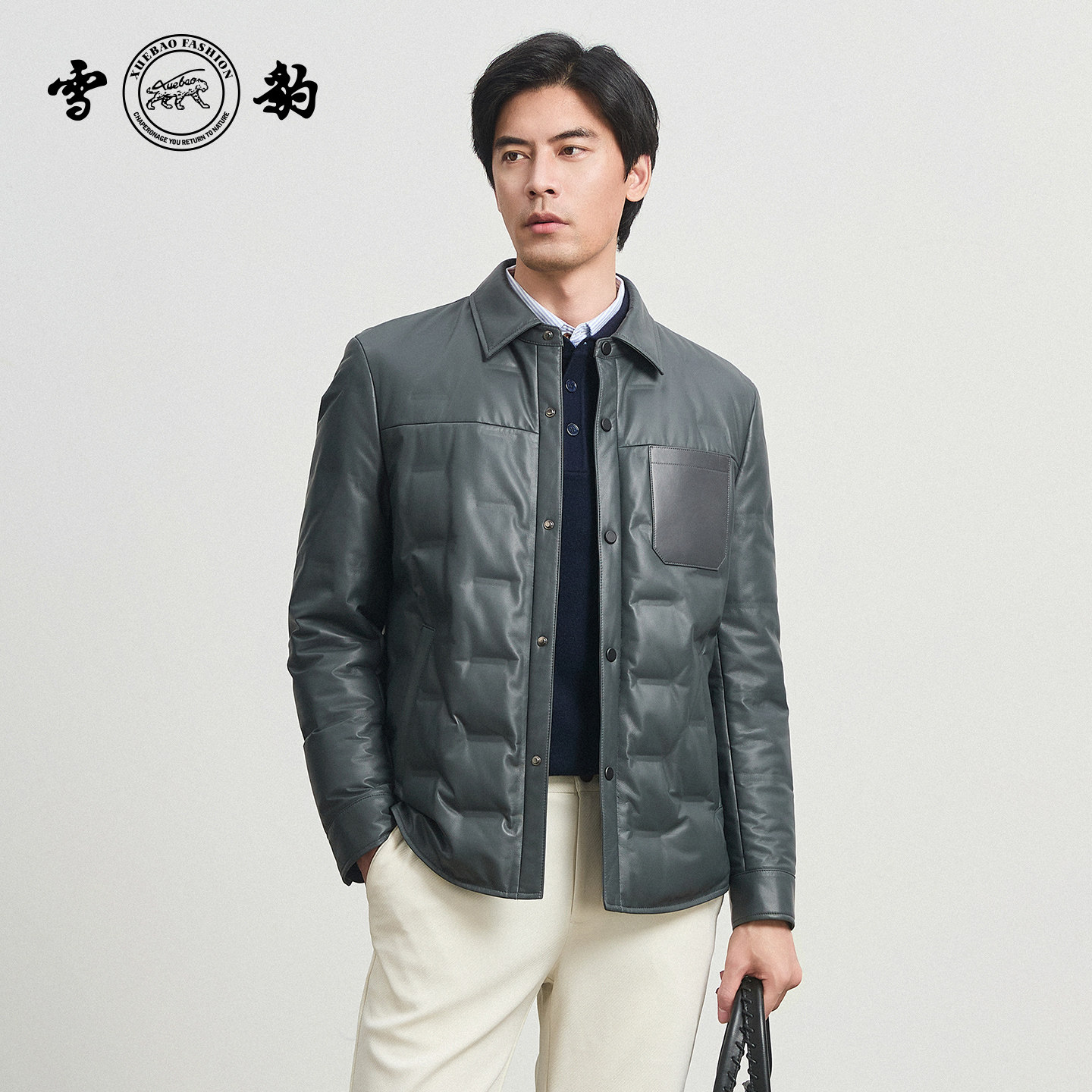 专柜同款新品25冬季头层绵羊皮通勤时尚真皮男雪豹衬衫式皮羽绒服