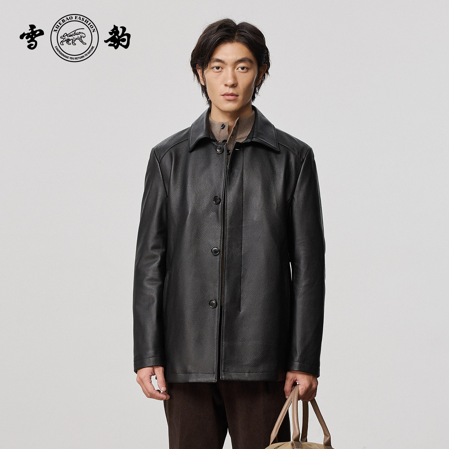 雪豹男款真皮头层鹿皮商务休闲简约大气体制内翻领短皮衣羽绒外套