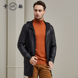 雪豹真皮皮衣男头层绵羊皮商务休闲体制内连帽中长弹力皮风衣外套
