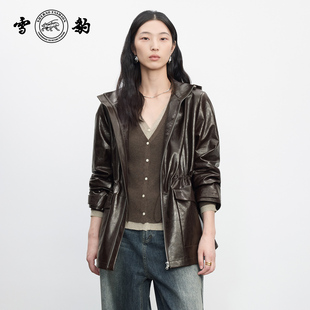 专柜同款 25秋冬头层绵羊皮潮流复古真皮女雪豹可脱卸帽皮夹克 新品