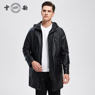 连帽加厚夹棉风衣外套壹 休闲中长款 雪豹真皮男款 牛皮商务轻奢时尚