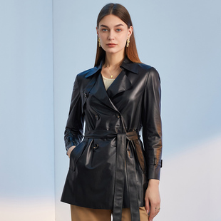 雪豹女士真皮头层绵羊皮商务休闲体制内简约大气翻领皮衣中长风衣