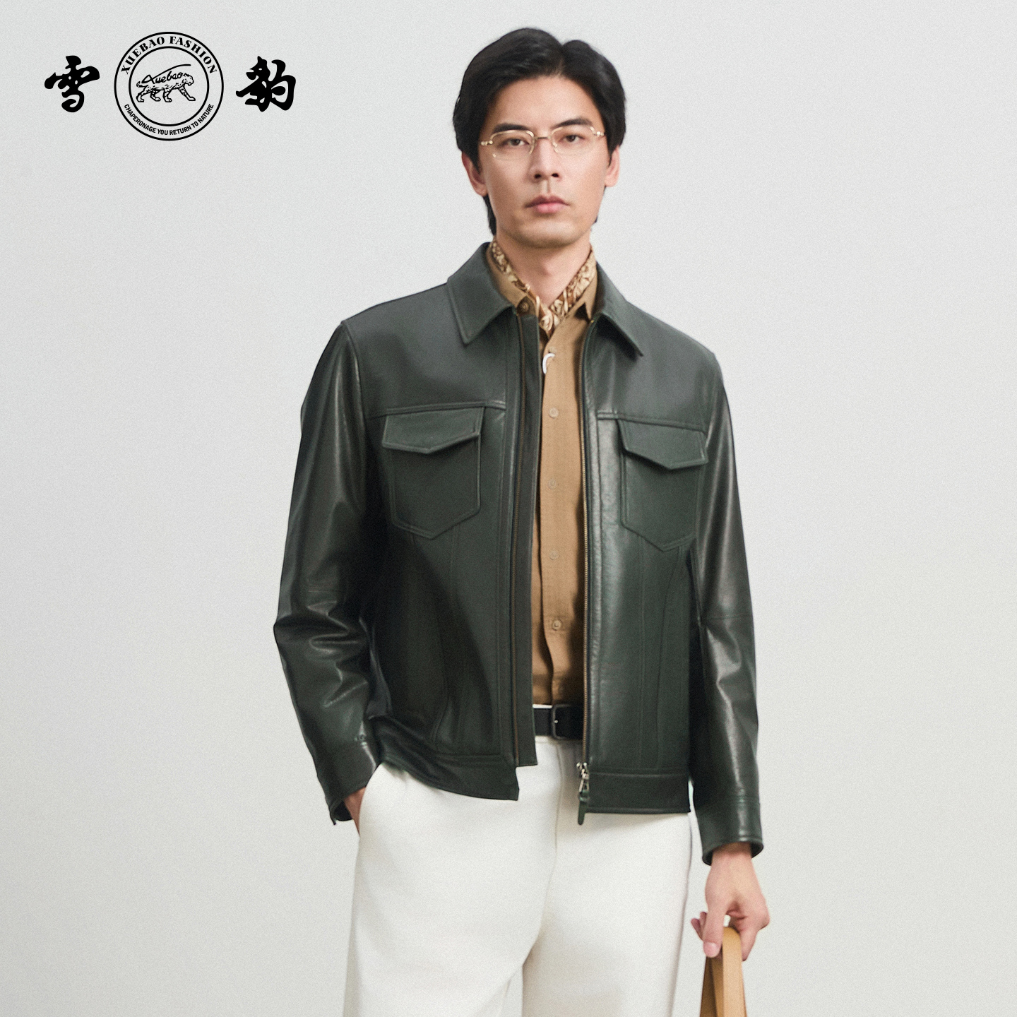 专柜同款新品25秋冬头层牛皮商务休闲真皮男雪豹翻领多口袋皮夹克