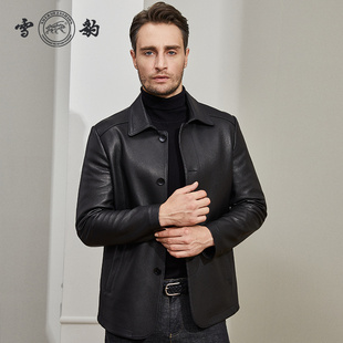 雪豹真皮皮衣男头层鹿皮商务休闲时尚 体制内翻领行政夹克皮外套