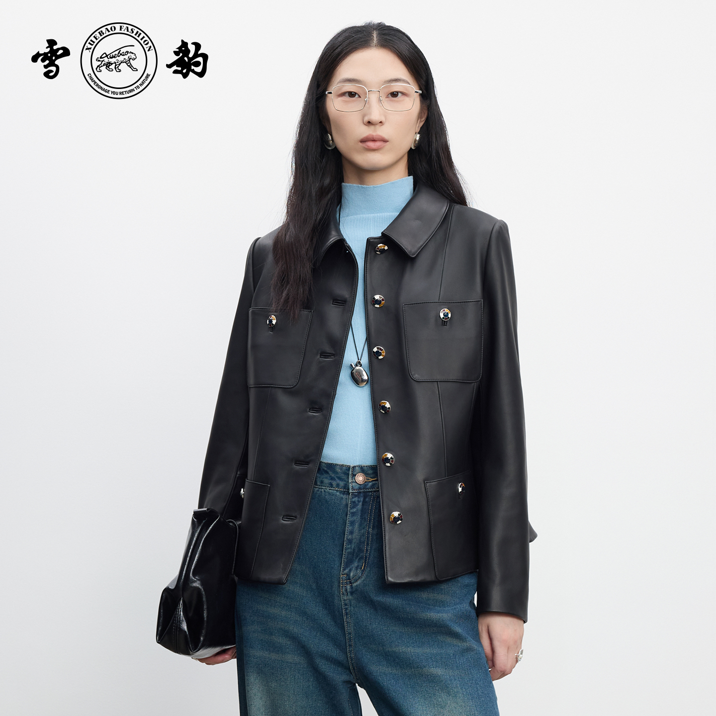 翻领真皮皮衣休闲时尚女士皮夹克