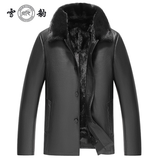 雪豹男士 真皮头层鹿皮商务休闲简约行政水貂内胆翻领中长皮衣外套