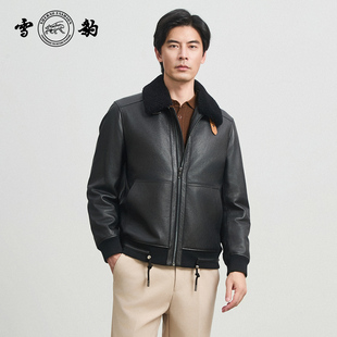 头层鹿皮时尚 25冬季 复古真皮男雪豹驼绒羊毛领皮夹克 新品 专柜同款