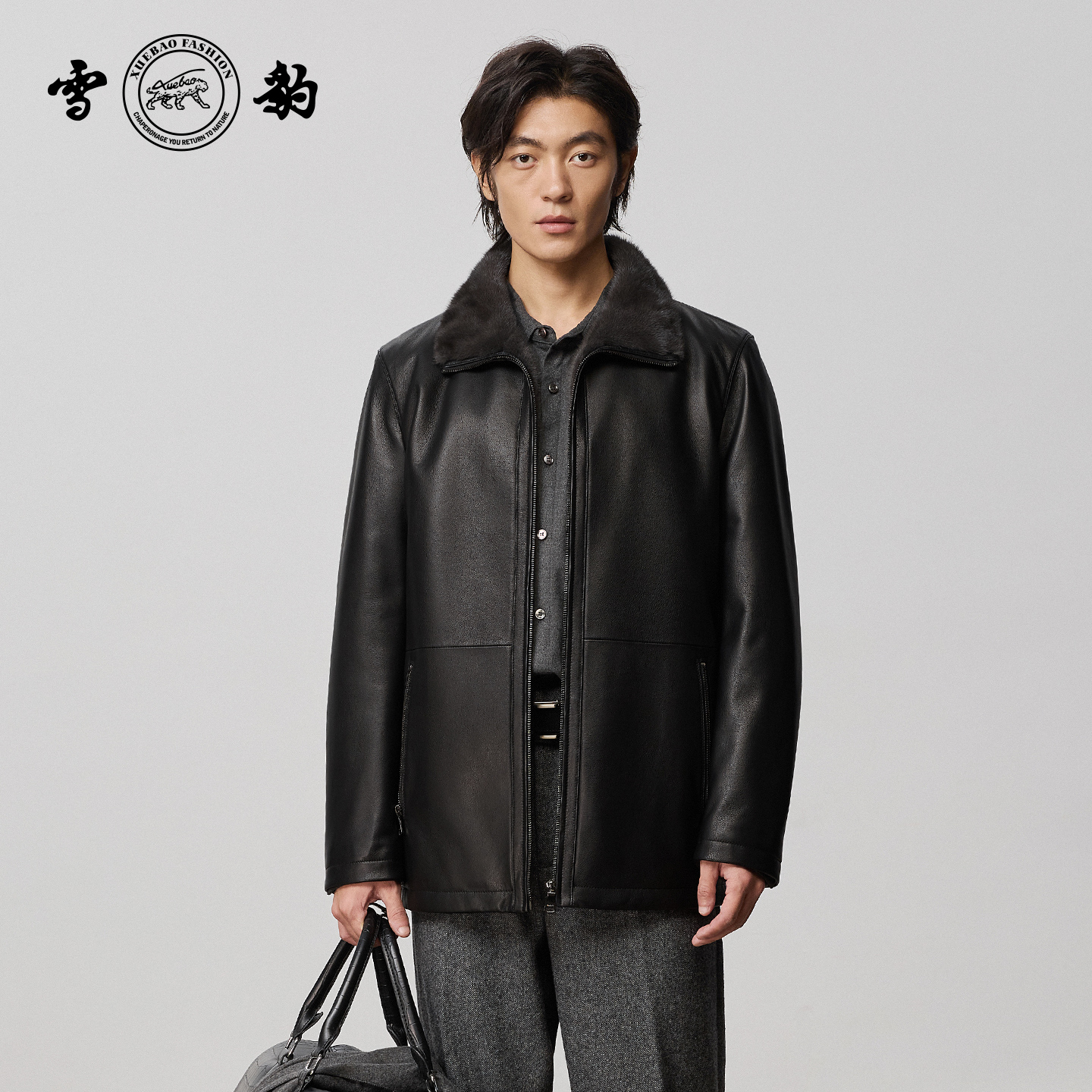 专柜同款新品25冬季头层绵羊皮商务男真皮皮衣雪豹中长水貂皮夹克